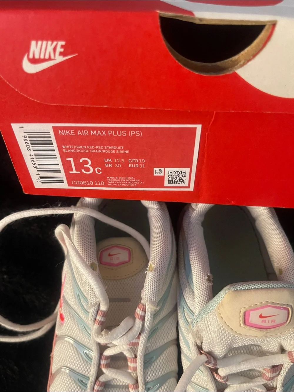 Kids Nike Air Max Plus Sneakers White with Pink and Peach Accents (Box Included)